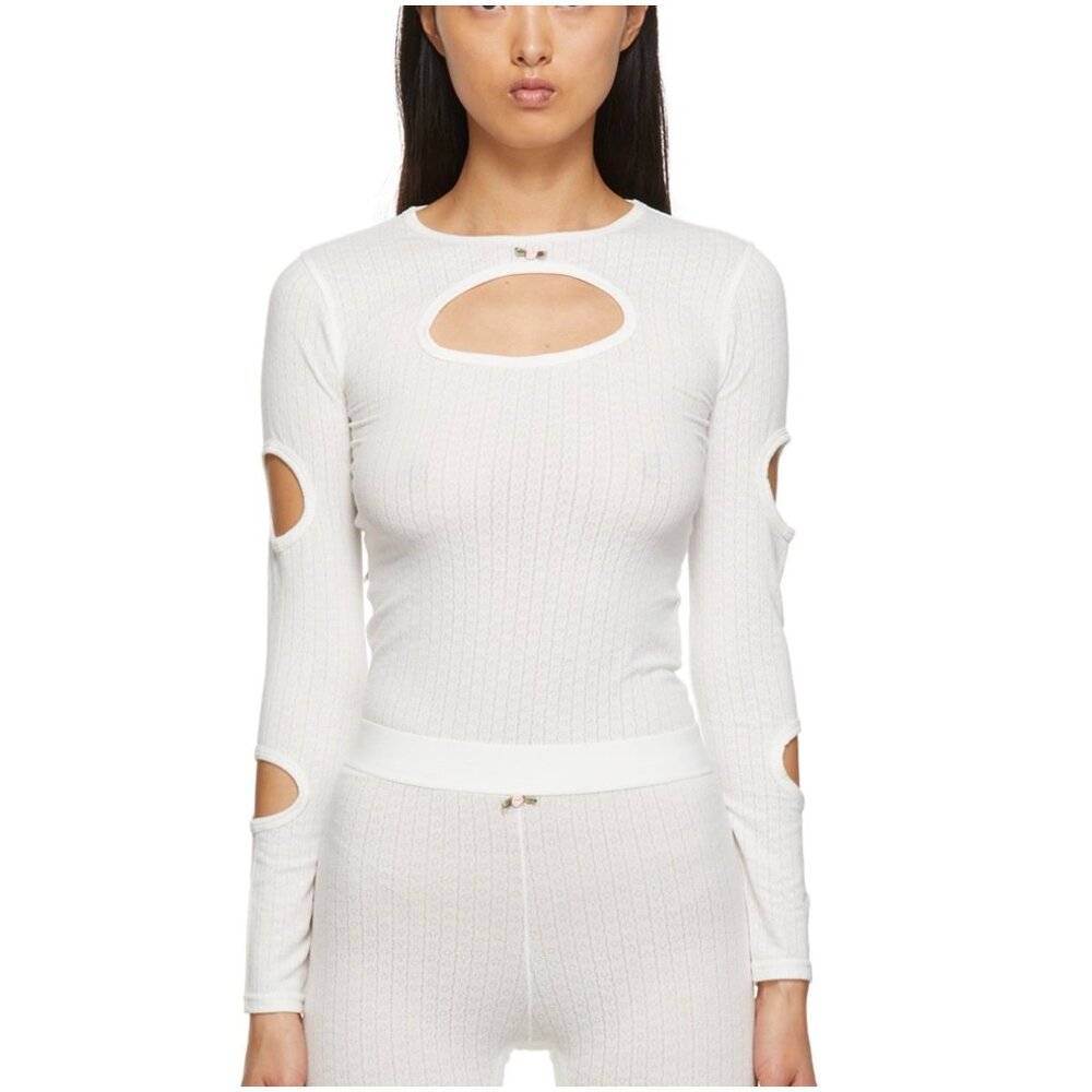 Sandy Liang Cut-Out Orbit Top size S small off-white pointelle ribbed knit shirt